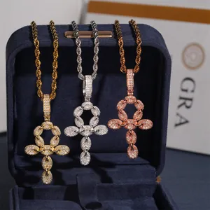 Luxurious Hip-hop S925 sterling silver Ankh cross pendants encrusted with Moissanite stones