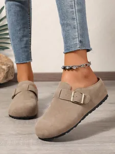 Casual khaki suede mule shoes for women featuring adjustable buckle strap