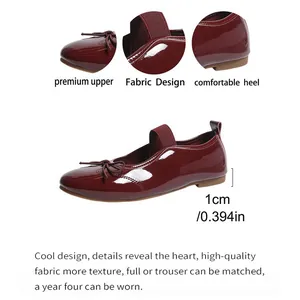 Detail showing the burgundy patent leather princess shoe with a 1cm low heel.