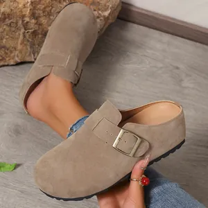Casual women's suede slip-on mules with buckle strap and comfortable flat sole