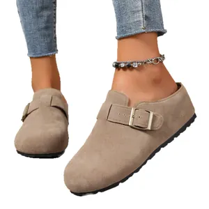 Women's casual khaki suede mule clogs with adjustable buckle strap