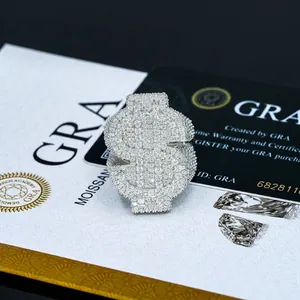 S925 Sterling Zilver Moissaniet Dollar Ring Mannen Hiphop Micro Pave D Kleur Iced Out Zegelring Met GRA Certificaat Sieraden