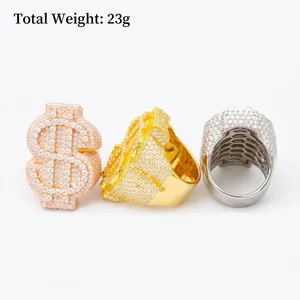 Hiphop stijl iced out dollar teken ringen voor mannen in goud zilver en roségoud finish