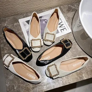 Korean Style Women PU Leather Rhinestone Square Buckle Flats Pointed Toe Shallow Mouth Ballet Single Shoes Large Size