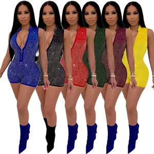 Deep V-neck sleeveless rompers with all-over rhinestone embellishments in six colors