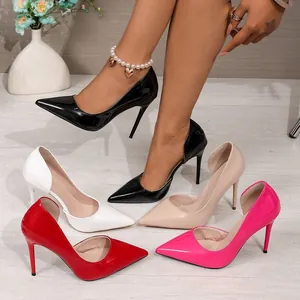 Elegant pointed toe stiletto high heels in patent leather shown in multiple colors