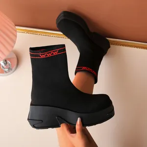 Women Flyknit Sock Boots Breathable Chunky Heel Ankle Boots Thick Platform Slip On Fashion Martin Boots Casual Walking Shoes