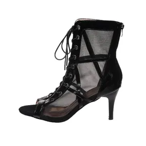Bottines de danse jazz noires en cuir verni et mesh avec bout ouvert et talons hauts