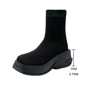 Detailed side view of black knit sock boot featuring a stylish 7cm thick platform sole