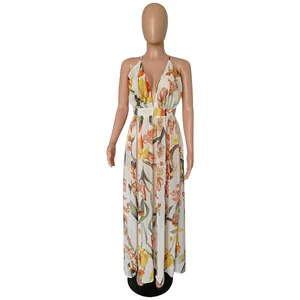 Deep V-neck floral chiffon maxi dress with a backless silhouette on a mannequin