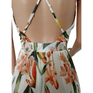 Detailed back view of floral chiffon dress featuring adjustable cross straps and zipper