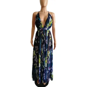 Deep V-neck backless floral print chiffon maxi dress on a mannequin