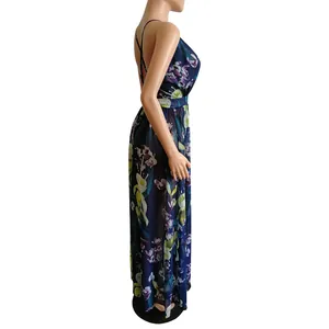 Detail side view of a deep V-neck backless chiffon maxi dress with floral print