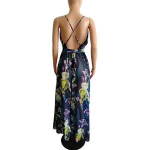 Back view of floral chiffon maxi dress with elegant criss-cross straps and open back.