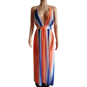 Front view of deep V-neck chiffon maxi dress with orange and blue gradient stripes