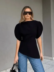 Elegant black bubble sleeve t-shirt featuring a unique asymmetric hem design for women