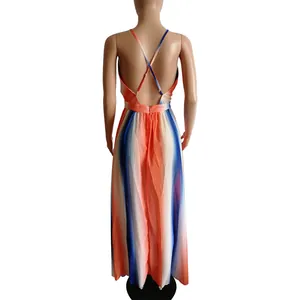 Detailed back view of colorful gradient tie-dye chiffon maxi dress with cross straps.