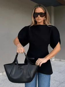 Chic black asymmetric puff sleeve T-shirt for women in a slim fit style detail view