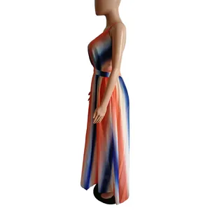 Side profile detail of a colorful gradient chiffon maxi dress for European and American style