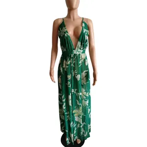 Sexy deep V-neck green floral chiffon maxi dress for summer shown on a mannequin