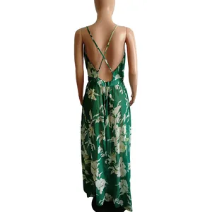 Detailed back view of green floral chiffon maxi dress featuring elegant crisscross straps