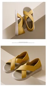Stylish yellow cross-strap flat sandals featuring soft textured leather for summer comfort