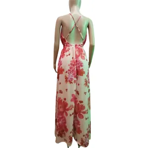 Detailed back view of a floral print backless maxi dress featuring elegant cross-straps