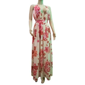 Detailed front view of a deep V-neck chiffon maxi dress with red floral print