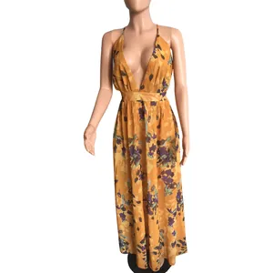 Elegant deep V-neck floral chiffon maxi dress in yellow with purple flower print
