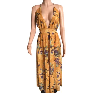 Elegant women's sexy deep V-neck floral chiffon maxi dress in bright yellow backless style