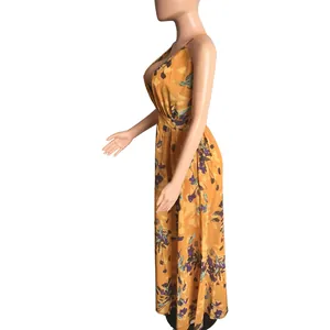 Side profile of a yellow floral chiffon maxi dress featuring a deep V-neck on a mannequin