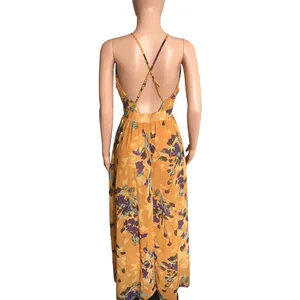 Back detail of a yellow floral chiffon maxi dress featuring elegant criss-cross straps.