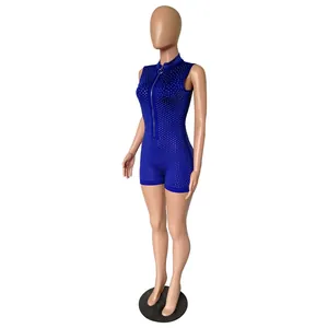 Detailed view of a blue sleeveless romper with silver rhinestones and front zipper.