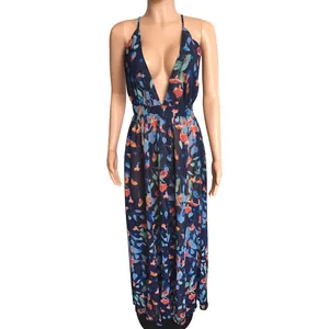 Floral print deep V-neck chiffon maxi dress for women showing elegant backless design