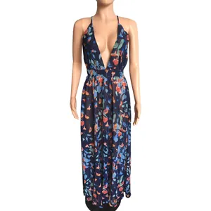 Close-up view of a deep V-neck floral print backless chiffon maxi dress on a mannequin