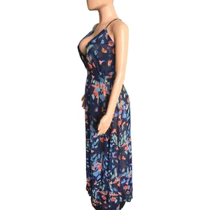 Side view detail of a deep V-neck floral chiffon maxi dress with colorful pattern