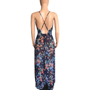 Back view of floral chiffon maxi dress with elegant cross-back straps and open back detail.