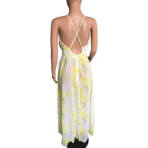 Detailed back view of a floral chiffon maxi dress featuring cross straps and open back