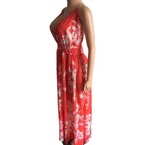 Detailed side view of a vibrant red floral deep V-neck backless chiffon maxi dress for summer