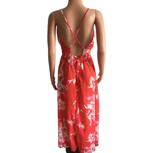 Detailed back view of a red floral print chiffon maxi dress featuring cross back straps