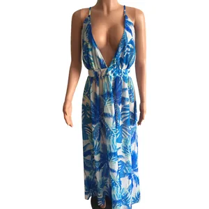 Close-up detail showing the tropical palm print on a deep V-neck chiffon maxi dress