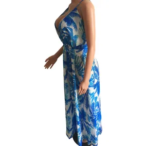 Side view of deep V-neck chiffon maxi dress with blue palm leaf tropical print