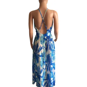 Back view of a blue palm tree print chiffon maxi dress featuring crisscross straps