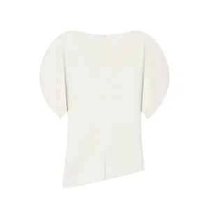 Back view of white puff sleeve T-shirt with asymmetric hem and hidden zipper detail