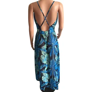 Detailed back view of a blue tropical palm leaf print chiffon backless maxi dress