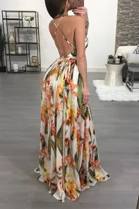 Elegant backless floral chiffon maxi dress with criss-cross straps for women summer