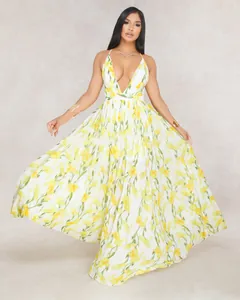 Elegant deep V-neck floral chiffon maxi dress with backless design for summer party