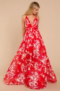 Elegant deep V-neck red floral chiffon maxi dress with backless design for summer party