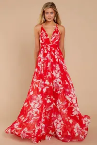 Elegant red floral print maxi dress featuring a deep V-neck and lightweight chiffon fabric