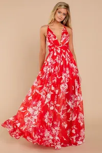 Elegant red floral chiffon maxi dress with deep V-neck and beautiful open back detail